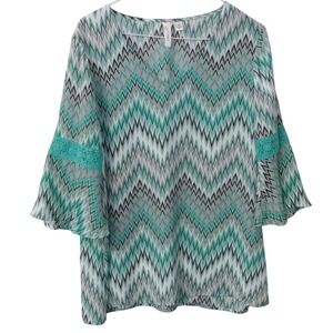 TACERA Medium Chevron Print Bell Sleeve Blouse Top Turquoise Gray